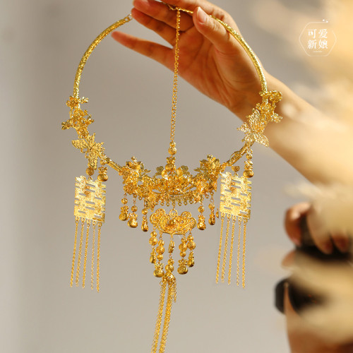 中式金色喜字流蘇項圈重工古典結婚仿真金項鍊新娘秀禾龍鳳褂配飾
