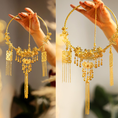 中式金色喜字流蘇項圈重工古典結婚仿真金項鍊新娘秀禾龍鳳褂配飾