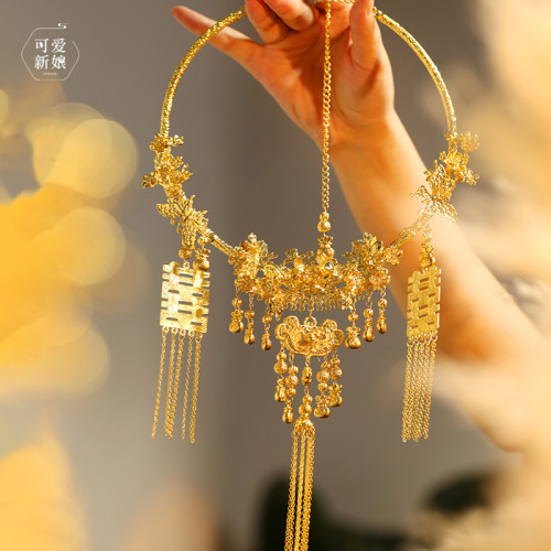 中式金色喜字流蘇項圈重工古典結婚仿真金項鍊新娘秀禾龍鳳褂配飾