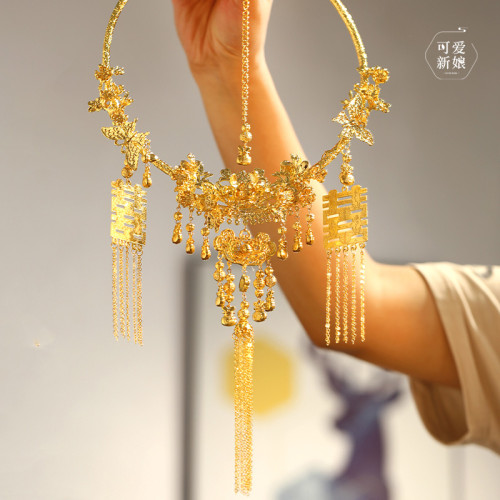 中式金色喜字流蘇項圈重工古典結婚仿真金項鍊新娘秀禾龍鳳褂配飾