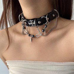 暗黑哥特風黑色皮質克羅choker鉚釘流蘇項圈女小衆龐克辣妹風頸鏈