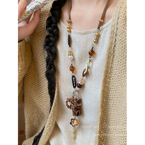 ［花漾］新中式花朵吊墜項鍊配飾女民族風復古長款森系復古毛衣鏈