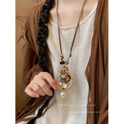 ［花漾］新中式花朵吊墜項鍊配飾女民族風復古長款森系復古毛衣鏈