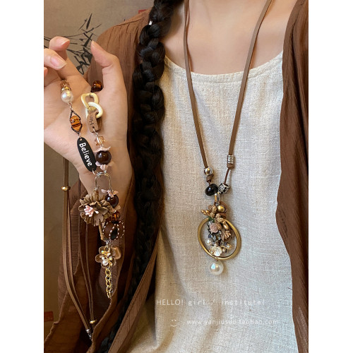 ［花漾］新中式花朵吊墜項鍊配飾女民族風復古長款森系復古毛衣鏈