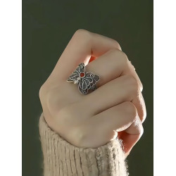 復古925銀南紅蝴蝶戒指花絲鏤空做舊新中式女掐絲小衆可調節指環