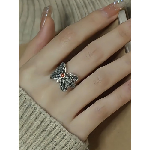 復古925銀南紅蝴蝶戒指花絲鏤空做舊新中式女掐絲小衆可調節指環