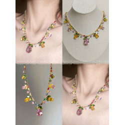 花仙子 彩色鋯石水滴項鍊女獨特2025新款鎖骨鍊輕奢小衆精緻頸鏈