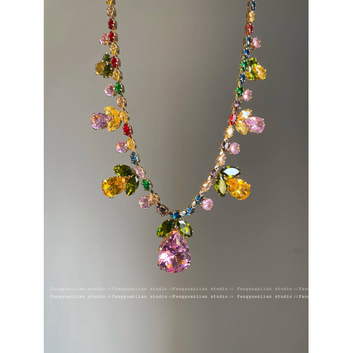 花仙子 彩色鋯石水滴項鍊女獨特2025新款鎖骨鍊輕奢小衆精緻頸鏈 花仙子 彩色鋯石水滴項鍊女獨特2025新款鎖骨鍊輕奢小衆精緻頸鏈