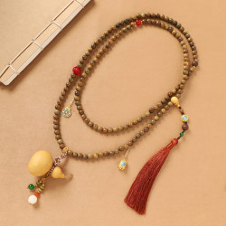 楊冪同款新中式葫蘆斜背鏈綠檀木串珠長款項鍊國風手機掛鏈女背鏈