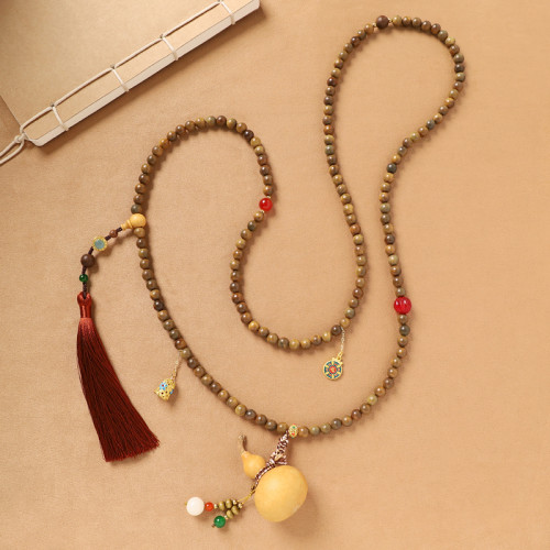 楊冪同款新中式葫蘆斜背鏈綠檀木串珠長款項鍊國風手機掛鏈女背鏈