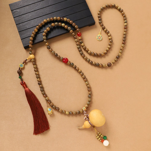 楊冪同款新中式葫蘆斜背鏈綠檀木串珠長款項鍊國風手機掛鏈女背鏈