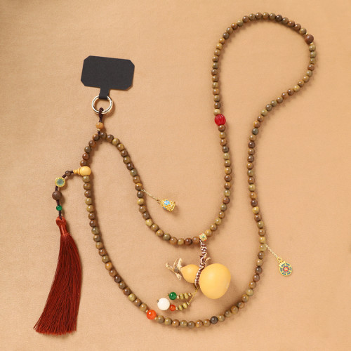 楊冪同款新中式葫蘆斜背鏈綠檀木串珠長款項鍊國風手機掛鏈女背鏈