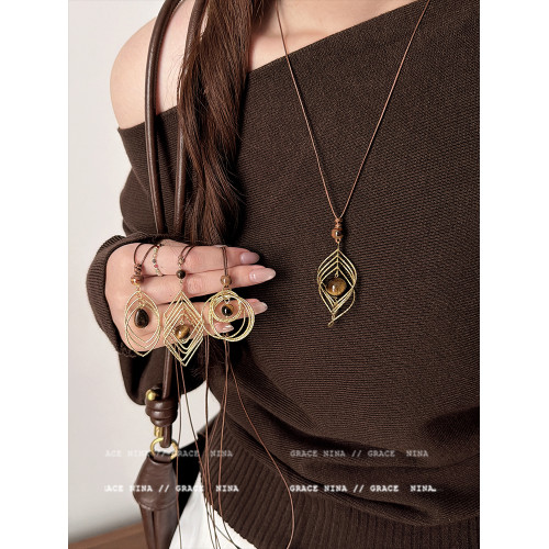 復古輕奢美拉德金屬線纏繞虎眼石吊墜項鍊女長款毛衣鏈配飾高級感