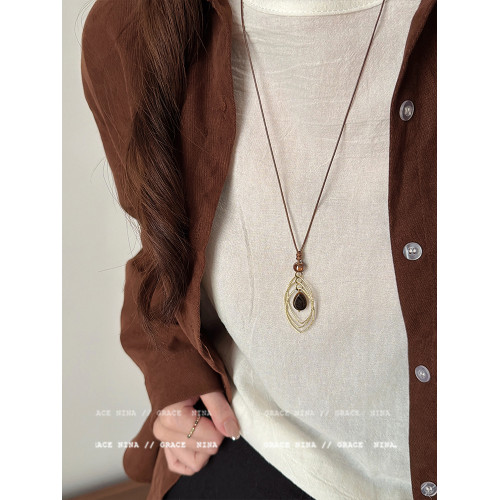 復古輕奢美拉德金屬線纏繞虎眼石吊墜項鍊女長款毛衣鏈配飾高級感