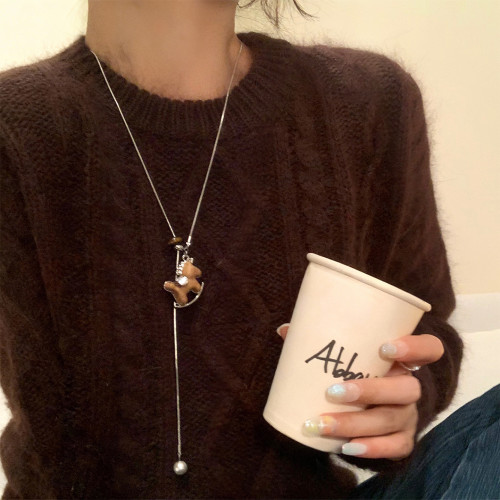 閃鋯咖色木馬吊墜可抽拉項鍊女小衆設計長款頸鏈高級感毛衣鏈配飾