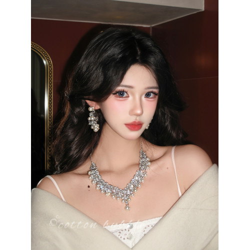 法式鑲鑽珍珠項鍊晚禮服誇張配飾耳環套裝女高級感生日新娘鎖骨鍊