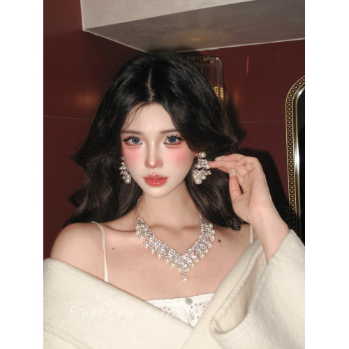 法式鑲鑽珍珠項鍊晚禮服誇張配飾耳環套裝女高級感生日新娘鎖骨鍊