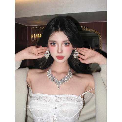 法式鑲鑽珍珠項鍊晚禮服誇張配飾耳環套裝女高級感生日新娘鎖骨鍊