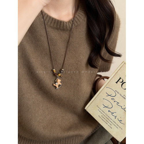 咖色小馬串珠抽拉項鍊女秋冬美拉德氣質長款毛衣鏈百搭本命年配飾