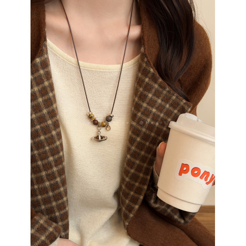 咖色小馬串珠抽拉項鍊女秋冬美拉德氣質長款毛衣鏈百搭本命年配飾