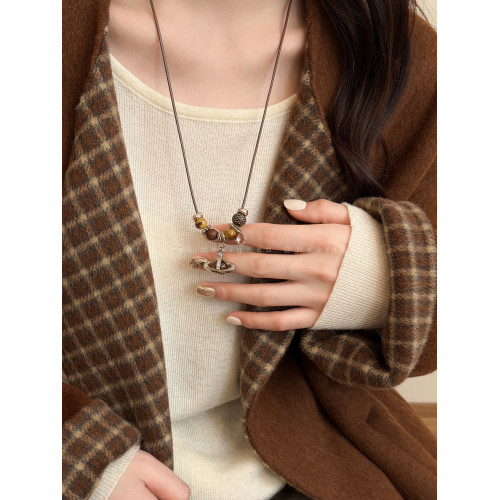 咖色小馬串珠抽拉項鍊女秋冬美拉德氣質長款毛衣鏈百搭本命年配飾