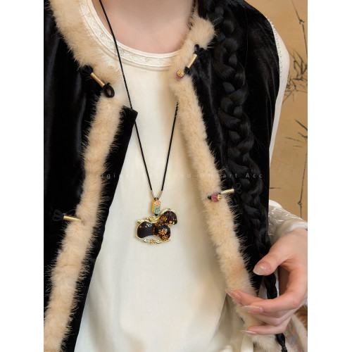 雙面宋錦小馬吊墜項鍊女新中式國風長款毛衣鏈輕奢高級感掛繩配飾