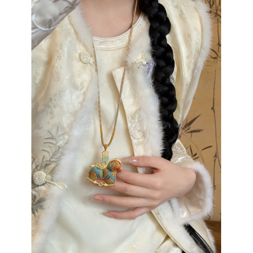 雙面宋錦小馬吊墜項鍊女新中式國風長款毛衣鏈輕奢高級感掛繩配飾