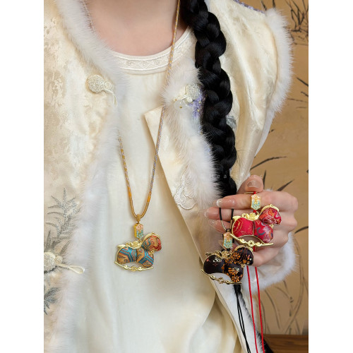 雙面宋錦小馬吊墜項鍊女新中式國風長款毛衣鏈輕奢高級感掛繩配飾