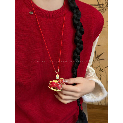 雙面宋錦小馬吊墜項鍊女新中式國風長款毛衣鏈輕奢高級感掛繩配飾