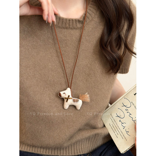 馬年討喜~新年紅色可愛毛絨布藝小馬項鍊女本命年長款毛衣鏈配飾