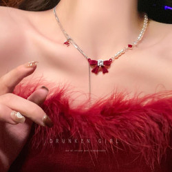 紅色系蝴蝶結珍珠項鍊女敬酒服禮服鎖骨鍊訂婚項鍊高級感裙子配飾