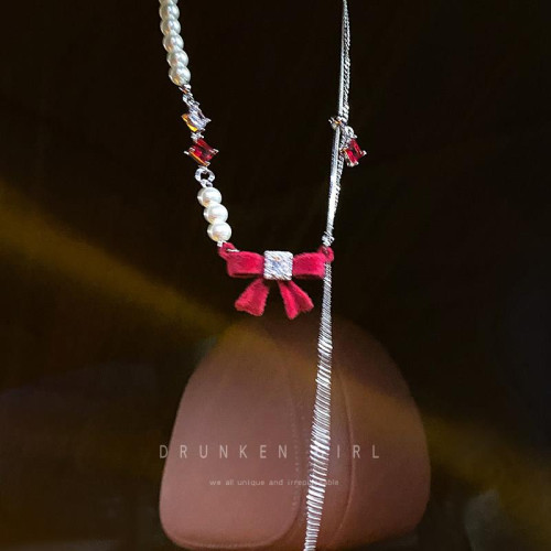 紅色系蝴蝶結珍珠項鍊女敬酒服禮服鎖骨鍊訂婚項鍊高級感裙子配飾