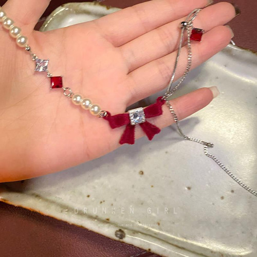 紅色系蝴蝶結珍珠項鍊女敬酒服禮服鎖骨鍊訂婚項鍊高級感裙子配飾