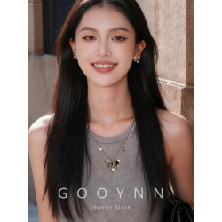 復古豹紋小貓項鍊女款鑽石愛心吊墜配飾高級感輕奢小衆鎖骨毛衣鏈