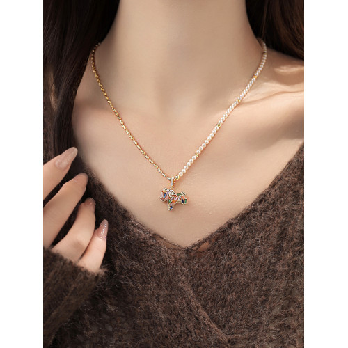 彩色水晶小馬項鍊女時尚百搭小馬吊墜珍珠項鍊輕奢小衆精緻鎖骨鍊