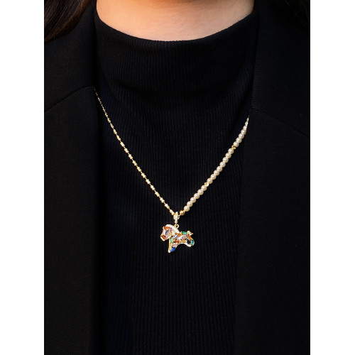 彩色水晶小馬項鍊女時尚百搭小馬吊墜珍珠項鍊輕奢小衆精緻鎖骨鍊