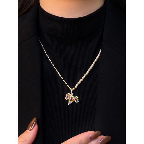 彩色水晶小馬項鍊女時尚百搭小馬吊墜珍珠項鍊輕奢小衆精緻鎖骨鍊