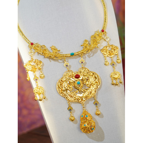 雲深霧淺 龍鳳呈祥 原創金黃色項圈富貴漢服瓔珞明製古風百搭項鍊 雲深霧淺 龍鳳呈祥 原創金黃色項圈富貴漢服瓔珞明製古風百搭項鍊