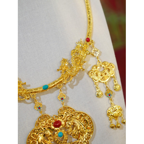 雲深霧淺 龍鳳呈祥 原創金黃色項圈富貴漢服瓔珞明製古風百搭項鍊 雲深霧淺 龍鳳呈祥 原創金黃色項圈富貴漢服瓔珞明製古風百搭項鍊