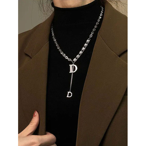 2025年新款高級感D字母重工設計粗鏈毛衣鏈個性時尚輕奢百搭項鍊
