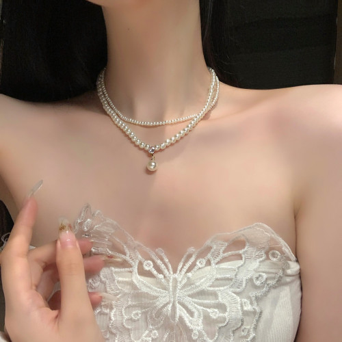 法式復古仿珍珠雙層項鍊女配飾小米珠高級感輕奢小衆鎖骨鍊choker
