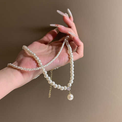 法式復古仿珍珠雙層項鍊女配飾小米珠高級感輕奢小衆鎖骨鍊choker