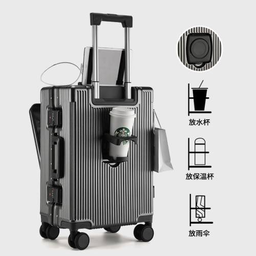 鋁框20寸行李箱前開口大容量旅行個性拉桿登機箱帶電腦夾層杯架24