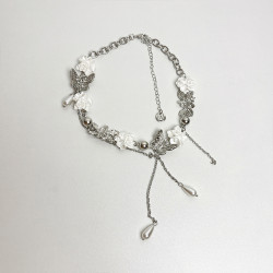 法式白色花朵蝴蝶珍珠流蘇項鍊女輕奢小衆高級感choker鎖骨鍊頸鏈