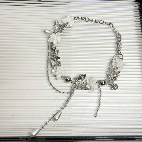 法式白色花朵蝴蝶珍珠流蘇項鍊女輕奢小衆高級感choker鎖骨鍊頸鏈