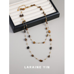 原創設計小衆高級感曡戴虎眼石串珠項鍊輕奢長款秋冬毛衣鏈鎖骨鍊