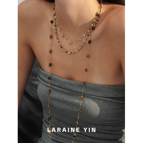 原創設計小衆高級感曡戴虎眼石串珠項鍊輕奢長款秋冬毛衣鏈鎖骨鍊