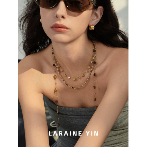 原創設計小衆高級感曡戴虎眼石串珠項鍊輕奢長款秋冬毛衣鏈鎖骨鍊