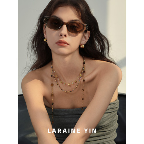 原創設計小衆高級感曡戴虎眼石串珠項鍊輕奢長款秋冬毛衣鏈鎖骨鍊