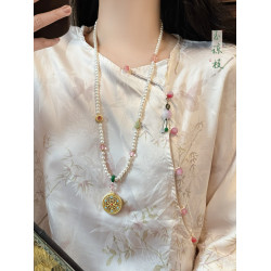 古法鏤空多寶吊墜項鍊女新中式國風漢服配飾高級感長款珍珠毛衣鏈
